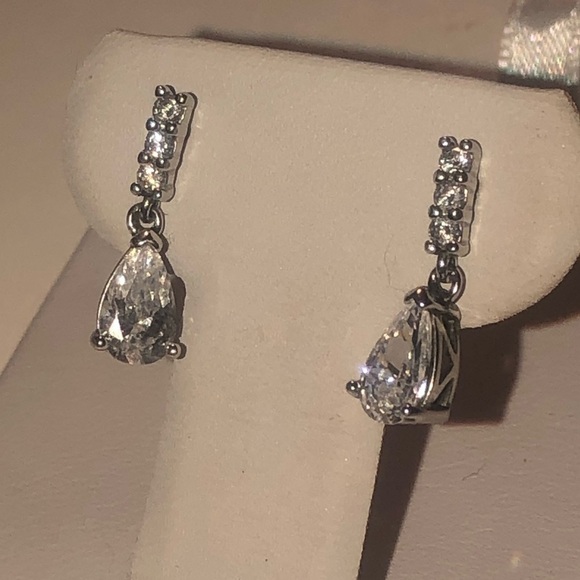STERLING Silver White Cz Pear Shape Drop Stud Earrings 15mm Total Length - Picture 3 of 9